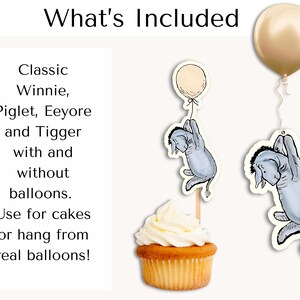 May include: Winnie the Pooh, Piglet, Eeyore, and Tigger character cake toppers. The characters are shown with and without balloons. The text "What's Included" is at the top of the image.  Classic Winnie, Piglet, Eeyore and Tigger with and without balloons. Use for cakes or hang from real balloons!