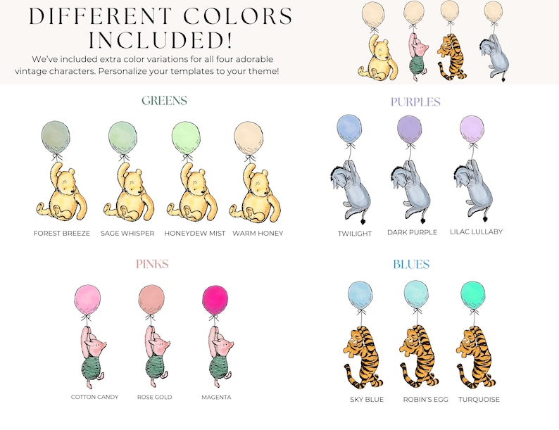 May include: A chart showing different color variations for four vintage characters. The characters are Winnie the Pooh, Piglet, Eeyore, and Tigger. The colors are grouped by color family: Greens, Pinks, Purples, and Blues. Each color variation has a name, such as Forest Breeze, Sage Whisper, Honeydew Mist, Warm Honey, Cotton Candy, Rose Gold, Magenta, Twilight, Dark Purple, Lilac Lullaby, Sky Blue, Robin's Egg, and Turquoise.