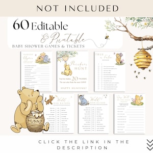May include: A set of 60 printable baby shower games featuring Winnie the Pooh and Piglet characters. The games include "Who Knows Mommy Best", "True or False", "Guess the Baby Food", "Would You Rather", and "How Well Do You Know the Mommy-to-Be".