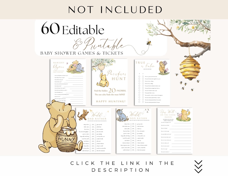 May include: A set of 60 printable baby shower games featuring Winnie the Pooh and Piglet characters. The games include "Who Knows Mommy Best", "True or False", "Guess the Baby Food", "Would You Rather", and "How Well Do You Know the Mommy-to-Be".