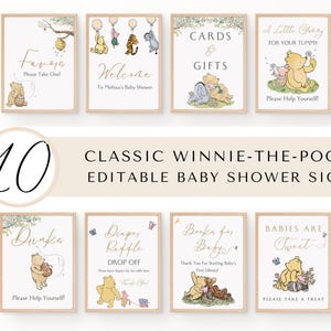 K&ouml;nnte beinhalten: Zehn druckbare Babyparty-Schilder im Winnie-the-Pooh-Design. Die Schilder zeigen Winnie-the-Pooh und seine Freunde und enthalten S&auml;tze wie "Karten & Geschenke", "Ein kleiner Snack f&uuml;r deinen Bauch", "Getr&auml;nke", "Windel-Tombola", "B&uuml;cher f&uuml;r Baby" und "Babys sind s&uuml;&szlig;".