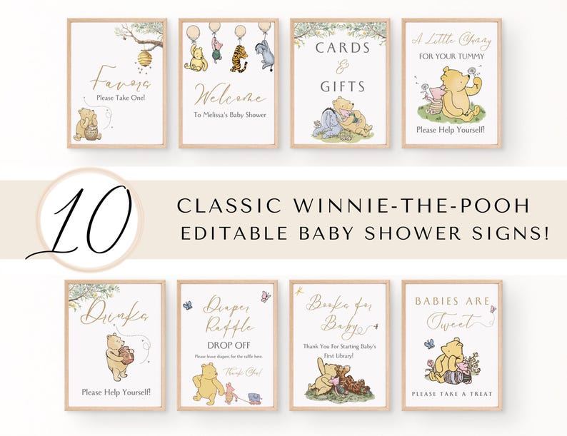K&ouml;nnte beinhalten: Zehn druckbare Babyparty-Schilder im Winnie-the-Pooh-Design. Die Schilder zeigen Winnie-the-Pooh und seine Freunde und enthalten S&auml;tze wie "Karten & Geschenke", "Ein kleiner Snack f&uuml;r deinen Bauch", "Getr&auml;nke", "Windel-Tombola", "B&uuml;cher f&uuml;r Baby" und "Babys sind s&uuml;&szlig;".
