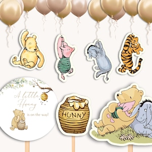Classic Winnie-the-Pooh Baby Shower Decorations. Editable Gender Neutral Centerpieces. Balloon Cut Out, Cake Topper.W1