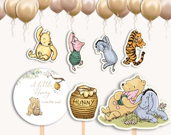 Classic Winnie-the-Pooh Baby Shower Decorations. Editable Gender Neutral Centerpieces. Balloon Cut Out, Cake Topper.W1