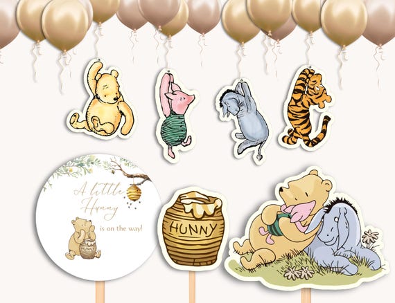 Winnie-the-Pooh Baby Shower Decorations: Gender Neutral Cake Topper, Balloon Cutouts (Digital Download)