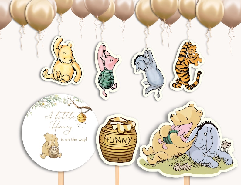 May include: A Winnie the Pooh themed baby shower party set with a round sign that says "A little Hunny is on the way!" and several hanging decorations featuring Winnie the Pooh, Piglet, Eeyore, and Tigger.