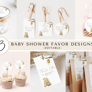 K&ouml;nnte beinhalten: Drei verschiedene Designs f&uuml;r Babyparty-Geschenke mit einem Winnie Puuh-inspirierten Thema. Die Designs beinhalten ein rundes Etikett mit einem Bienenstock und einem B&auml;ren, ein rechteckiges Etikett mit einem Bienenstock und einem B&auml;ren und einen Cupcake-Topper mit einem Bienenstock und einem B&auml;ren.