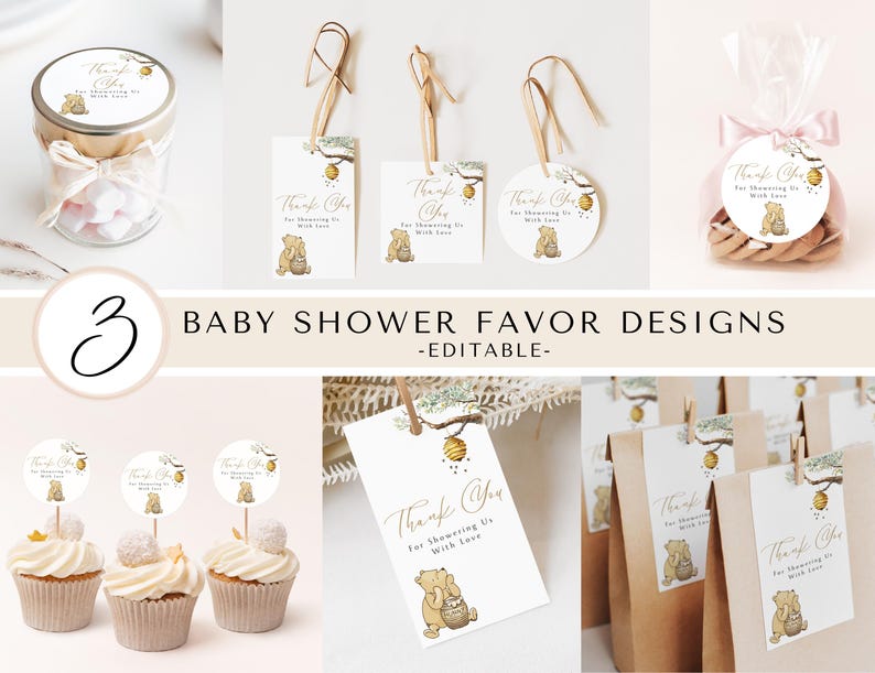 K&ouml;nnte beinhalten: Drei verschiedene Designs f&uuml;r Babyparty-Geschenke mit einem Winnie Puuh-inspirierten Thema. Die Designs beinhalten ein rundes Etikett mit einem Bienenstock und einem B&auml;ren, ein rechteckiges Etikett mit einem Bienenstock und einem B&auml;ren und einen Cupcake-Topper mit einem Bienenstock und einem B&auml;ren.