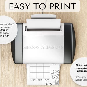 以下が含まれることがあります： 雪の結晶のデザインが施された白黒の印刷可能なプランナーページ。このページは、標準的な8.5インチ&times;11インチまたはA5の用紙に印刷するように設計されています。画像の上部には「EASY TO PRINT」というテキストがあります。画像の下部には「Make unlimited copies for your personal use! (No commercial usage licensing.)」というテキストがあります。