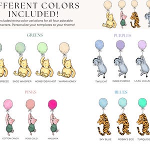 May include: A chart showing different color variations for four vintage characters. The characters are Winnie the Pooh, Piglet, Eeyore, and Tigger. The colors are grouped by color family: Greens, Pinks, Purples, and Blues. Each color variation has a name, such as Forest Breeze, Sage Whisper, Honeydew Mist, Warm Honey, Cotton Candy, Rose Gold, Magenta, Twilight, Dark Purple, Lilac Lullaby, Sky Blue, Robin's Egg, and Turquoise.