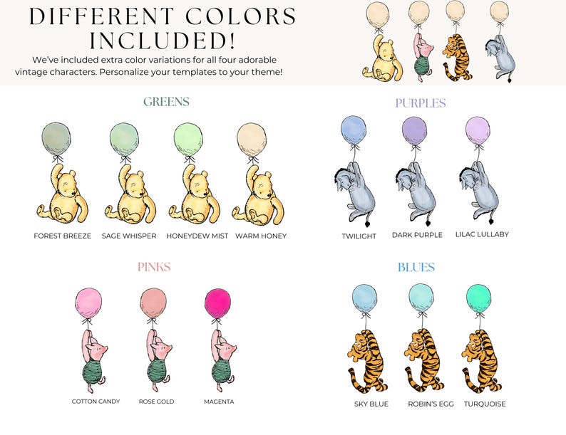 May include: A chart showing different color variations for four vintage characters. The characters are Winnie the Pooh, Piglet, Eeyore, and Tigger. The colors are grouped by color family: Greens, Pinks, Purples, and Blues. Each color variation has a name, such as Forest Breeze, Sage Whisper, Honeydew Mist, Warm Honey, Cotton Candy, Rose Gold, Magenta, Twilight, Dark Purple, Lilac Lullaby, Sky Blue, Robin's Egg, and Turquoise.