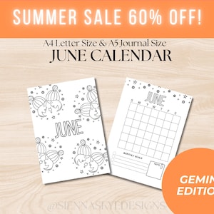 Op de afbeelding: Zwart-witte printbare juni-kalender met een Tweeling-sterrenbeeld met sterren. De kalender is verkrijgbaar in A4 en A5 formaat.