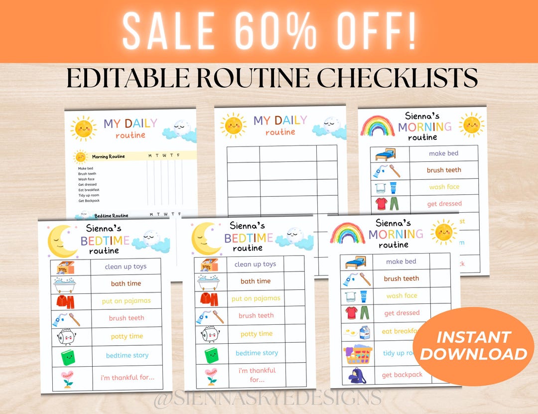 Evening Routine Printable Editable 6-page Routine Checklist Bundle | Kids Morning & Evening Routine ...