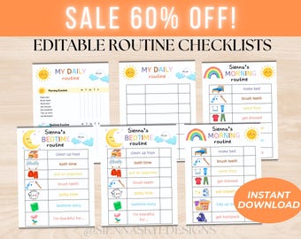May include: A collection of printable routine checklists for children, featuring colorful illustrations of a sun, moon, rainbow, and clouds. The checklists include morning and bedtime routines, with the text "SALE 60% OFF!" and "INSTANT DOWNLOAD".