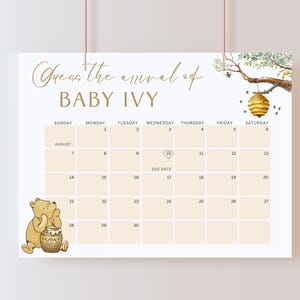 Classic Winnie-the-Pooh Baby "Little Hunny" Due Date Calendar. Classic Predictions Sign. Baby Shower Signs. Pregnancy Calendar. W1