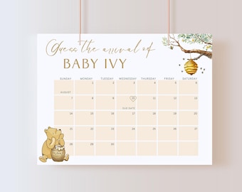 Classic Winnie-the-Pooh Baby &quot;Little Hunny&quot; Due Date Calendar. Classic Predictions Sign. Baby Shower Signs. Pregnancy Calendar. W1