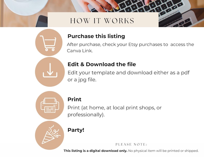 May include: How it works: A digital download guide with four steps: purchase, edit and download, print, and party. The guide features icons for each step, including a shopping cart, a download arrow, a printer, and a party hat.