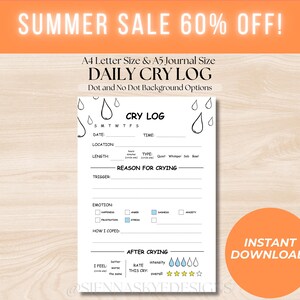 May include: A black and white printable daily cry log with a raindrop design. The log includes sections for date, time, location, length, type of cry, reason for crying, trigger, emotion, how I coped, and after crying. The log also includes a rating system for the intensity of the cry.