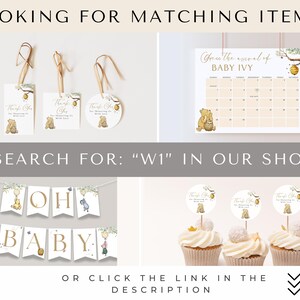 May include: Winnie the Pooh themed baby shower decorations, including a banner that says "Oh Baby", cupcake toppers, and a calendar with the text "Grew the arrival of Baby Ivy".