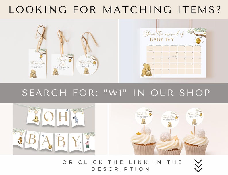 May include: Winnie the Pooh themed baby shower decorations, including a banner that says "Oh Baby", cupcake toppers, and a calendar with the text "Grew the arrival of Baby Ivy".