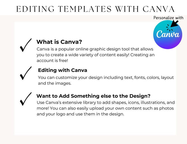 Peut inclure: Une liste de contr&ocirc;le avec trois coches vertes et du texte expliquant comment utiliser Canva, un outil de conception graphique en ligne populaire. Le texte explique que Canva est gratuit et permet aux utilisateurs de cr&eacute;er une grande vari&eacute;t&eacute; de contenus. Le texte explique &eacute;galement comment personnaliser les conceptions &agrave; l'aide de texte, de polices, de couleurs, de mise en page et d'images. Le texte explique &eacute;galement comment ajouter des formes, des ic&ocirc;nes, des illustrations et des photos aux conceptions.