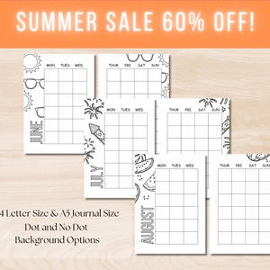 以下が含まれることがあります： 6月、7月、8月の印刷可能なカレンダーページ3枚。各ページには、サングラス、花火、スイカなど、異なる夏のテーマが描かれています。ページはA4またはA5のジャーナル用に設計されており、ドットグリッドを使用するか、使用しないかを選択できます。