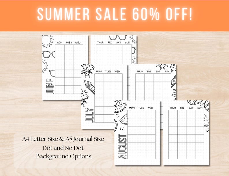 以下が含まれることがあります： 6月、7月、8月の印刷可能なカレンダーページ3枚。各ページには、サングラス、花火、スイカなど、異なる夏のテーマが描かれています。ページはA4またはA5のジャーナル用に設計されており、ドットグリッドを使用するか、使用しないかを選択できます。