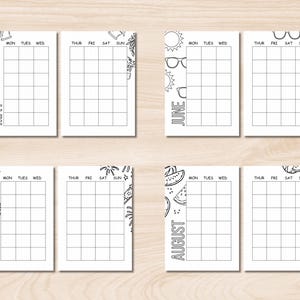 以下が含まれることがあります： 5月、6月、7月、8月の印刷可能なカレンダーページ4枚。各ページには、植木鉢、サングラス、花火、スイカの輪切りなど、夏をテーマにした異なるデザインが施されています。