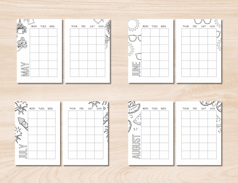 以下が含まれることがあります： 5月、6月、7月、8月の印刷可能なカレンダーページ4枚。各ページには、植木鉢、サングラス、花火、スイカの輪切りなど、夏をテーマにした異なるデザインが施されています。