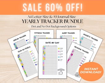 年間トラッカーバンドル：健康、気分、貯蓄を記録するための印刷可能なジャーナルインサート（PDFダウンロード A4/A5サイズ）