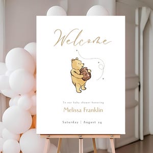 Classico cartello di benvenuto per il BABY SHOWER di Winnie the Pooh, genere neutro. Acquerello.