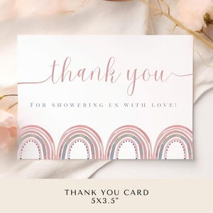 Tarjeta de agradecimiento para baby shower con diseño de arcoíris y diseño boho de Hello Baby, rosa, invitaciones para baby shower, tarjeta de agradecimiento imprimible, descarga instantánea, tonos apagados, agradecimiento