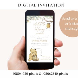 Classico invito digitale per BABY SHOWER Winnie-the-Pooh "A Little Hunny is on the Way". Genere neutro.