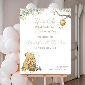 Editable Gender Reveal Classic Winnie-the-pooh baby shower sign. Classic Vintage Print Gender Reveal Sign Gender Neutral. Watercolor.