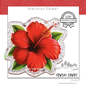 May include: A sticker featuring a vibrant red hibiscus flower with green leaves and a yellow stamen, surrounded by a silver glitter border. The text reads hibiscus flower, low shipping fees, and seven coves studio with a small landscape illustration.