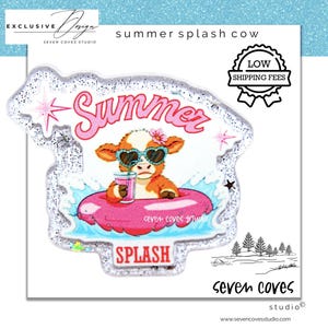 GLITTER ACRYLIC FLATBACK, Summer Splash Cow, Planar Resin Cabochons, Badge Reels Topper & Supplies, The Seven Coves Studio™