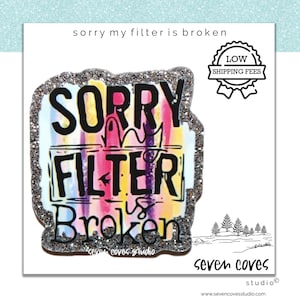 May include: A glittery sticker with a rainbow background and the text "SORRY MY FILTER IS BROKEN".