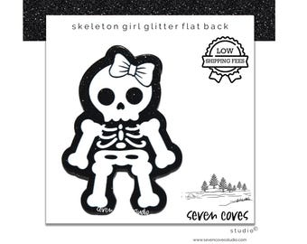 GLITTER ACRYLIC FLATBACK, Halloween Skeleton Girl, Planar Resin Cabochons, Badge Reels Topper & Supplies, The Seven Coves Studio™