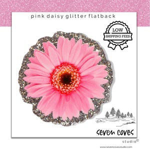 May include: A pink daisy flatback with a silver glitter border. The text reads pink daisy glitter flatback, low shipping fees, and seven coves studio. The design features a central pink flower with a dark brown center on a textured silver base.