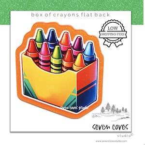 May include: A sticker illustration of a yellow box filled with colorful crayons in shades of red, blue, green, orange, and purple. The design features an orange border, the text box of crayons flat back, and the brand name seven coves studio.