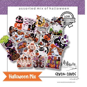 May include: A collection of assorted Halloween-themed stickers featuring ghosts, black cats, pumpkins, witches, and skeletons. The designs include text such as Trick or Treat, Tonight We Fly, and I'm Getting Spooky, rendered in vibrant orange, purple, and black.