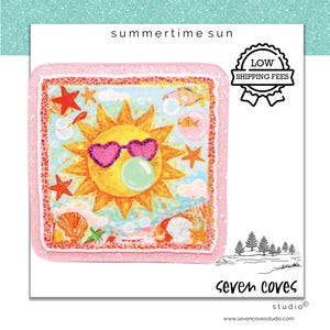 May include: A square coaster featuring a yellow sun wearing pink heart-shaped sunglasses and blowing a green bubble. The design includes red starfish, seashells, and fish on a light blue background, framed by a pink border with a subtle pattern.