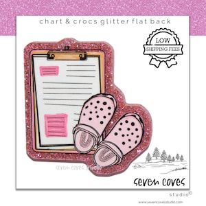 May include: Pink glitter flat back sticker featuring a pink and white chart with a checklist and two pink and white Crocs shoes. The sticker says "Seven Loves Studio" at the bottom.