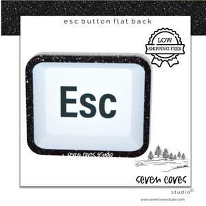 May include: A white flat back button with the word "Esc" in black, framed by a black glitter border. The image includes the text "esc button flat back", "LOW SHIPPING FEES", and the "seven coves studio" logo.