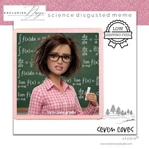 May include: A doll with brown hair and glasses wearing a pink and white checkered button-down shirt, holding a piece of white chalk. The doll is positioned in front of a green chalkboard covered in white mathematical calculus equations and formulas.