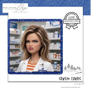 May include: A doll with long brown hair and a frustrated facial expression, wearing a white lab coat over an orange and white striped shirt. A name tag labeled PHARMACY is visible on the coat. The background shows shelves filled with medicine bottles.