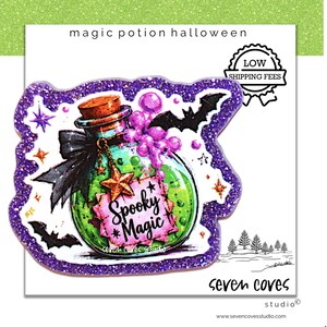 May include: A sticker featuring a green potion bottle with a cork stopper, a black bow, a gold star charm, and a pink label with the text Spooky Magic. The design includes purple glitter borders, black bats, and small stars on a white background.
