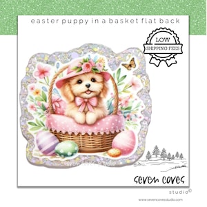 May include: A white puppy wearing a pink hat and sitting in a wicker basket with pink and white polka dot lining. The basket is surrounded by pastel colored Easter eggs and spring flowers. The background is a sparkly, iridescent design.