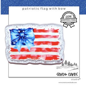 GLITTER ACRYLIC FLATBACK, 4th of July Flag and Bow, Planar Resin Cabochons, Badge Reels Topper & Supplies, The Seven Coves Studio™