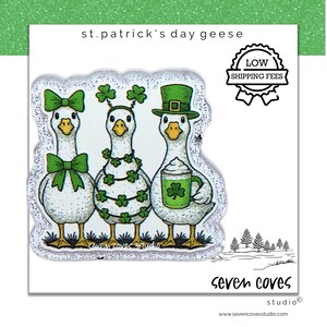 May include: Illustration of three geese dressed for St. Patrick's Day. One goose wears a green bow, another a shamrock garland, and the third a green hat and holds a mug with a shamrock. The text "st. patrick's day geese" is at the top.